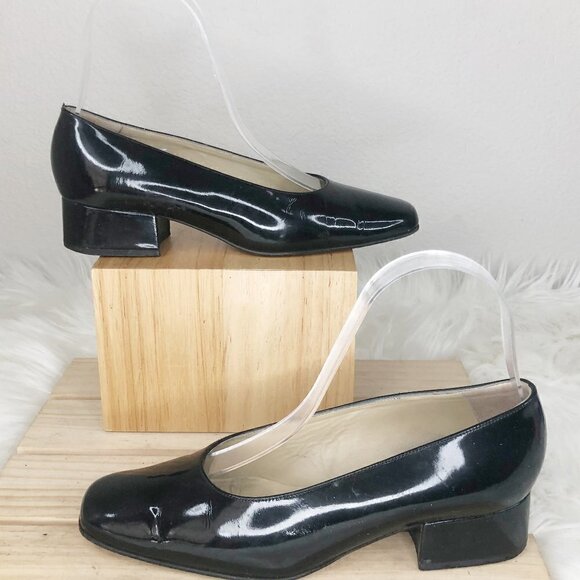 Bally Shoes - Bally Black Patent Leather Block Heel Almond Toe Pumps Shoes Womens Size 5.5 US